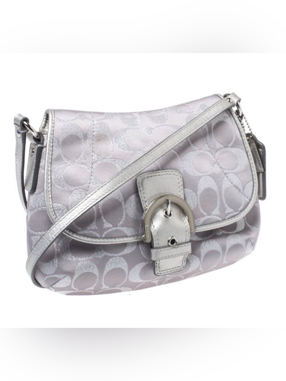 Coach C Signature Silver Metallic Canvas Soho Swing Pack Crossbody Bag